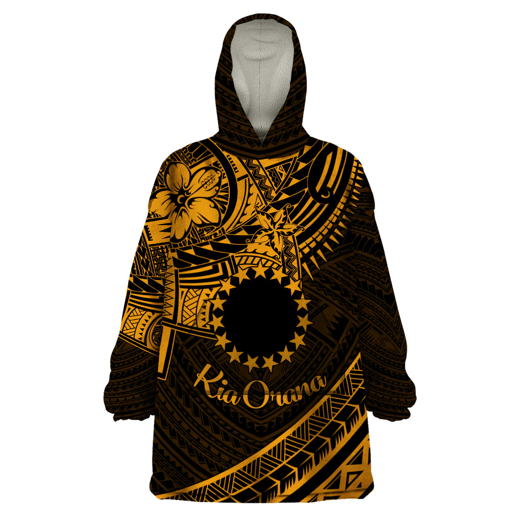 Kia Orana Cook Islands Wearable Blanket Hoodie Circle Stars With Floral Gold Pattern LT01 One Size Gold - Polynesian Pride