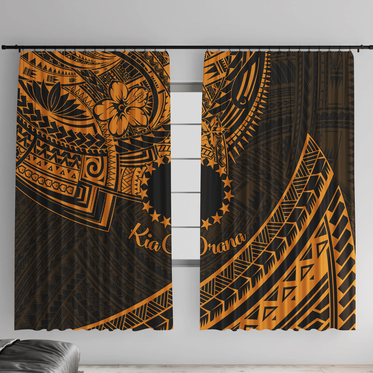 Kia Orana Cook Islands Window Curtain Circle Stars With Floral Gold Pattern LT01 With Hooks Gold - Polynesian Pride