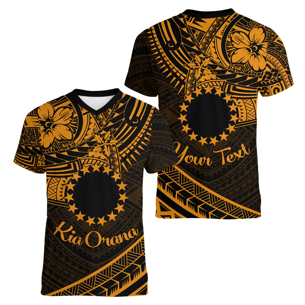 Kia Orana Cook Islands Women V Neck T Shirt Circle Stars With Floral Gold Pattern LT01 - Polynesian Pride