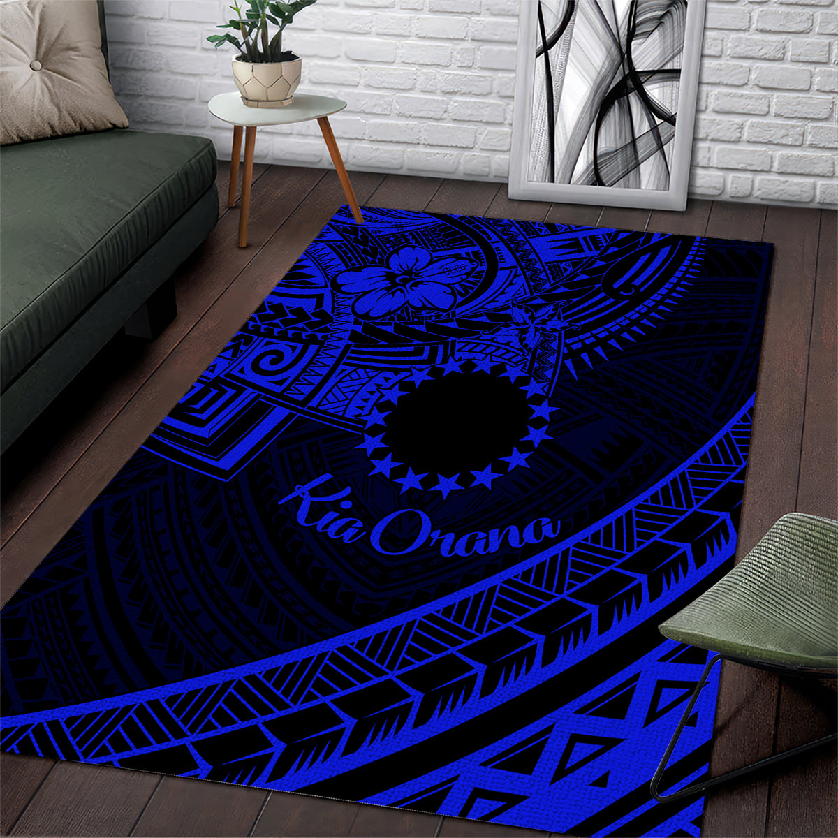 Kia Orana Cook Islands Area Rug Circle Stars With Floral Navy Blue Pattern LT01 Blue - Polynesian Pride