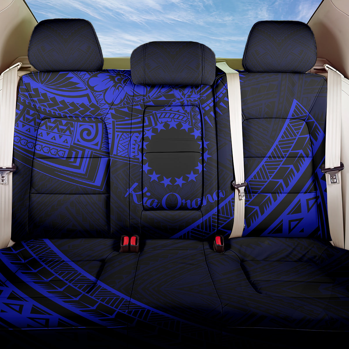 Kia Orana Cook Islands Back Car Seat Cover Circle Stars With Floral Navy Blue Pattern LT01
