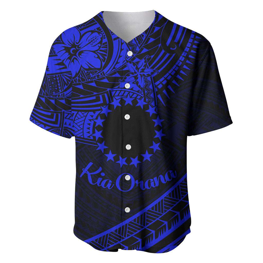 Kia Orana Cook Islands Baseball Jersey Circle Stars With Floral Navy Blue Pattern LT01 Blue - Polynesian Pride