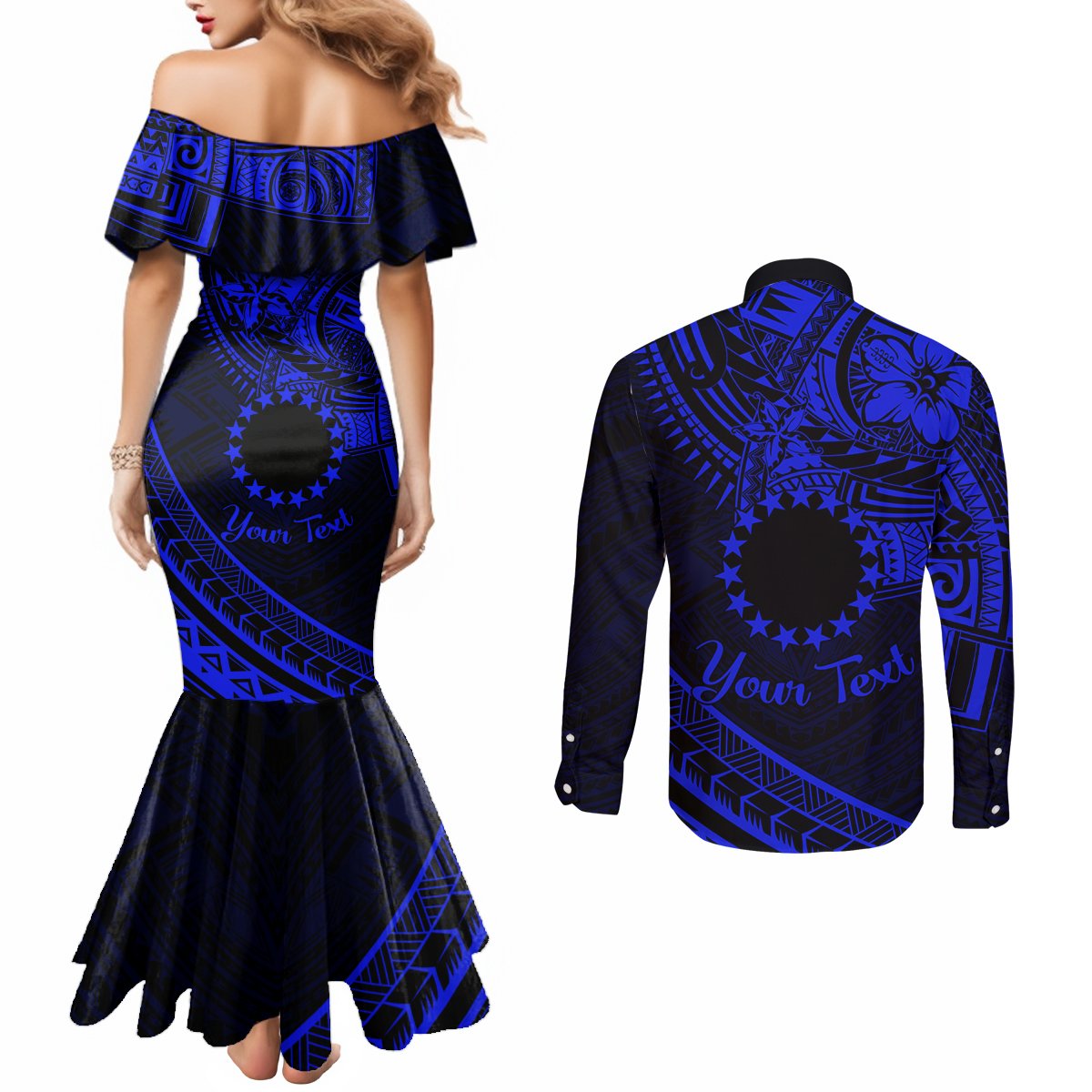 Kia Orana Cook Islands Couples Matching Mermaid Dress and Long Sleeve Button Shirt Circle Stars With Floral Navy Blue Pattern LT01 - Polynesian Pride