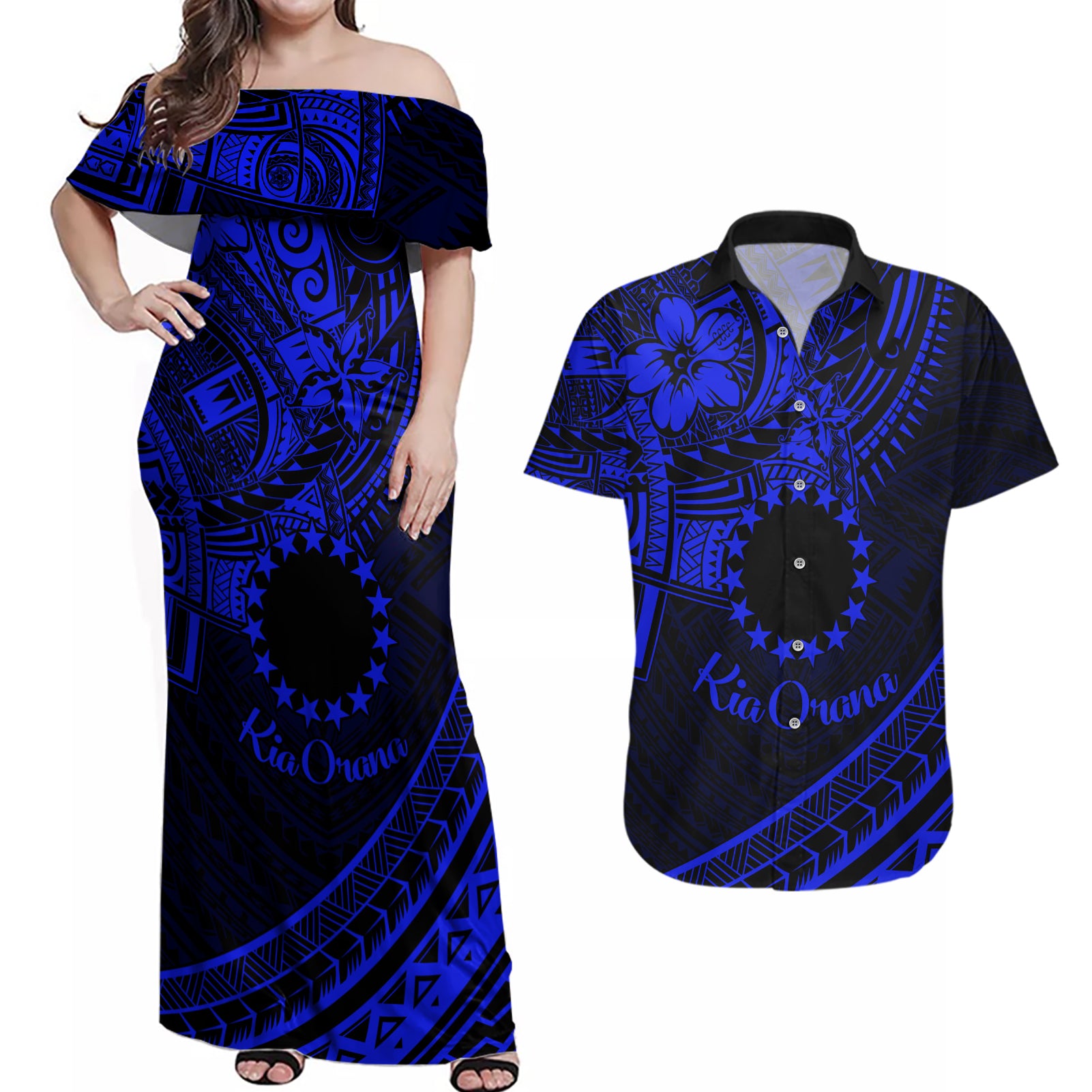 Kia Orana Cook Islands Couples Matching Off Shoulder Maxi Dress and Hawaiian Shirt Circle Stars With Floral Navy Blue Pattern LT01 Blue - Polynesian Pride