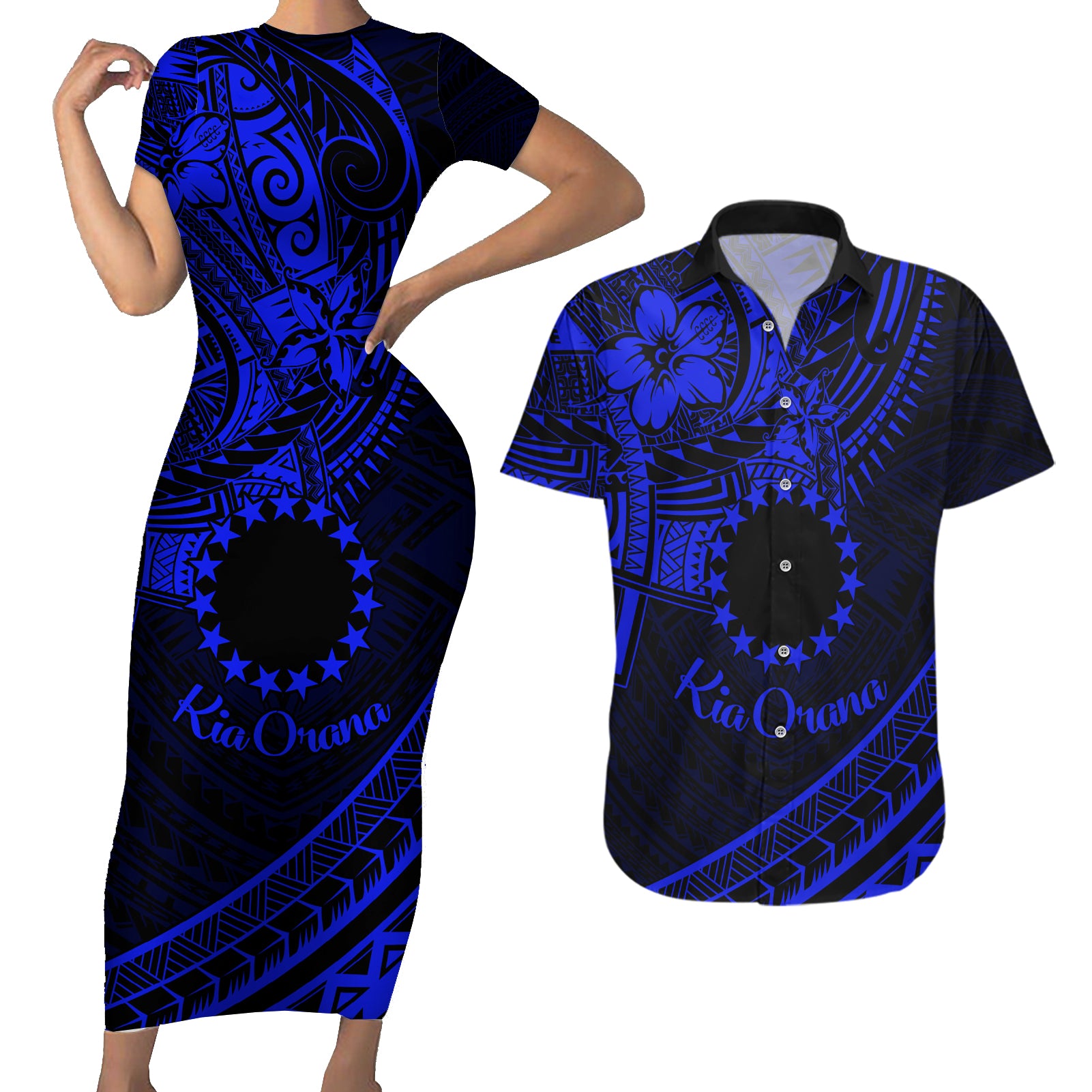 Kia Orana Cook Islands Couples Matching Short Sleeve Bodycon Dress and Hawaiian Shirt Circle Stars With Floral Navy Blue Pattern LT01 Blue - Polynesian Pride