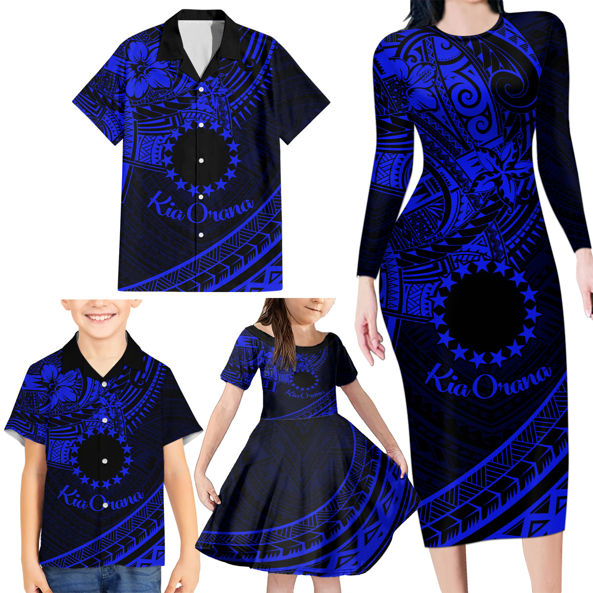 Kia Orana Cook Islands Family Matching Long Sleeve Bodycon Dress and Hawaiian Shirt Circle Stars With Floral Navy Blue Pattern LT01 - Polynesian Pride