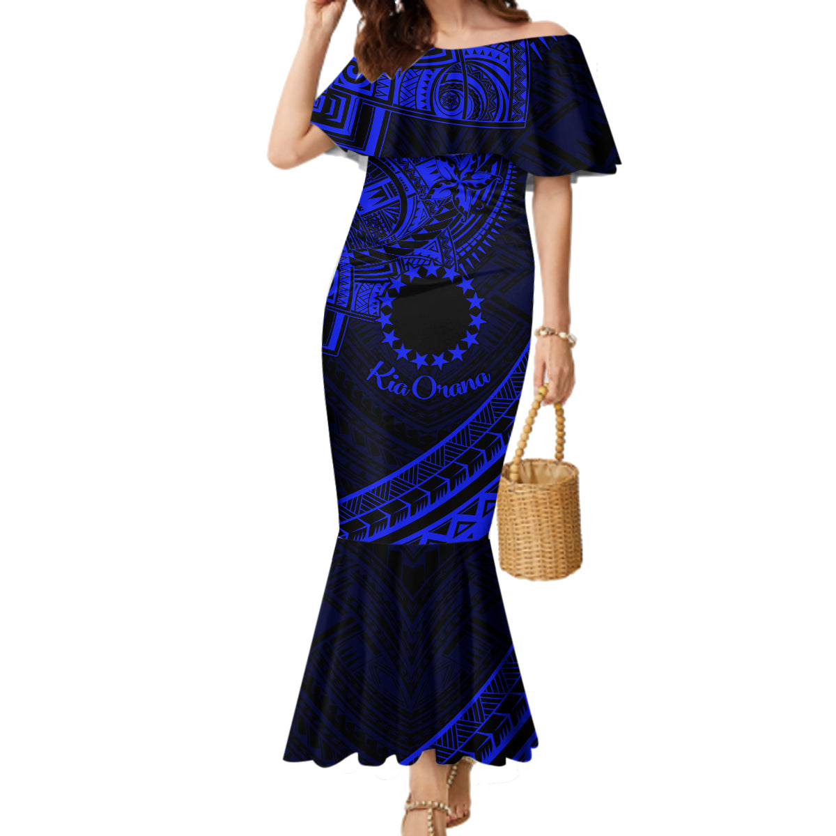 Kia Orana Cook Islands Family Matching Mermaid Dress and Hawaiian Shirt Circle Stars With Floral Navy Blue Pattern LT01 Mom's Dress Blue - Polynesian Pride