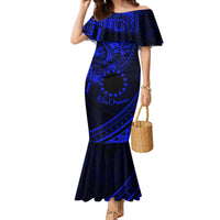Kia Orana Cook Islands Family Matching Mermaid Dress and Hawaiian Shirt Circle Stars With Floral Navy Blue Pattern LT01 Mom's Dress Blue - Polynesian Pride