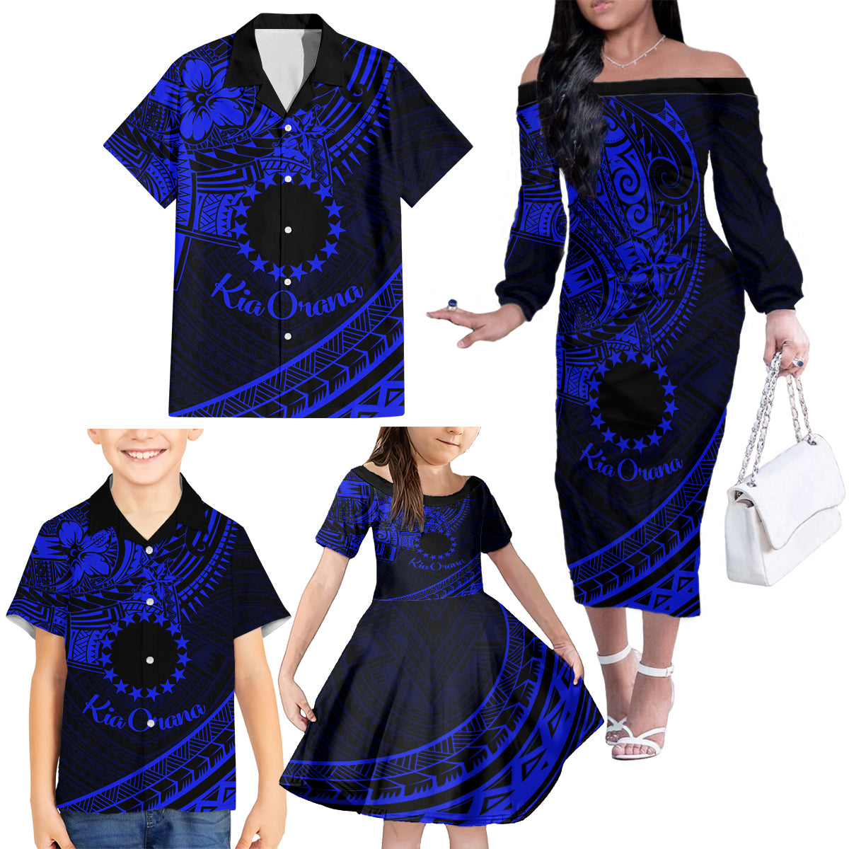 Kia Orana Cook Islands Family Matching Off Shoulder Long Sleeve Dress and Hawaiian Shirt Circle Stars With Floral Navy Blue Pattern LT01 - Polynesian Pride