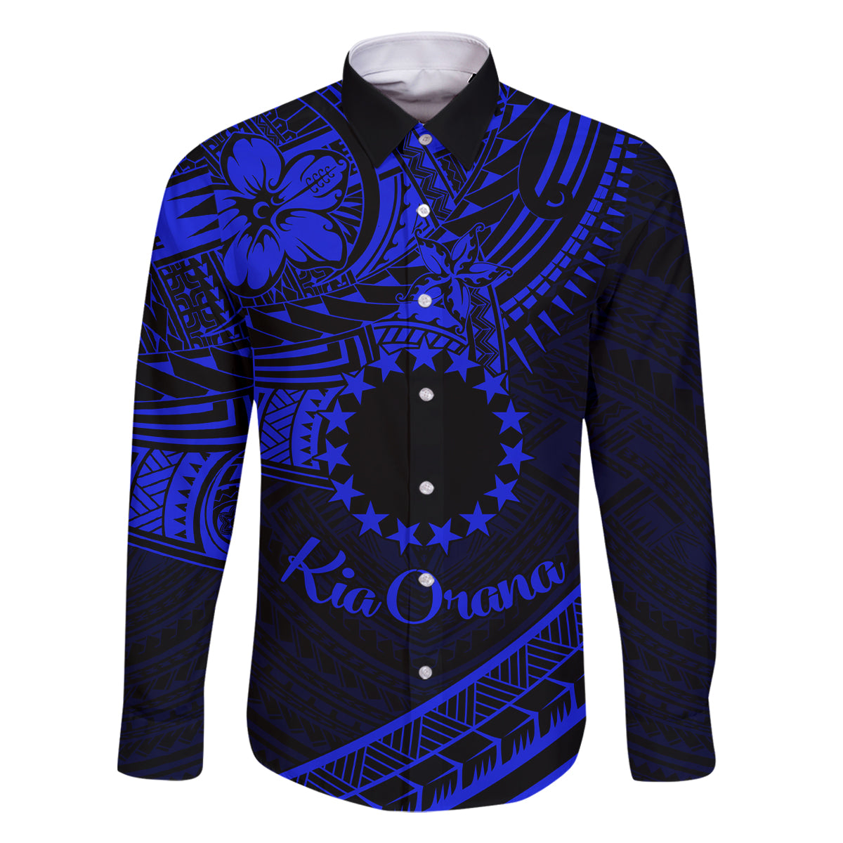 Kia Orana Cook Islands Family Matching Off Shoulder Maxi Dress and Hawaiian Shirt Circle Stars With Floral Navy Blue Pattern LT01 Dad's Shirt - Long Sleeve Blue - Polynesian Pride