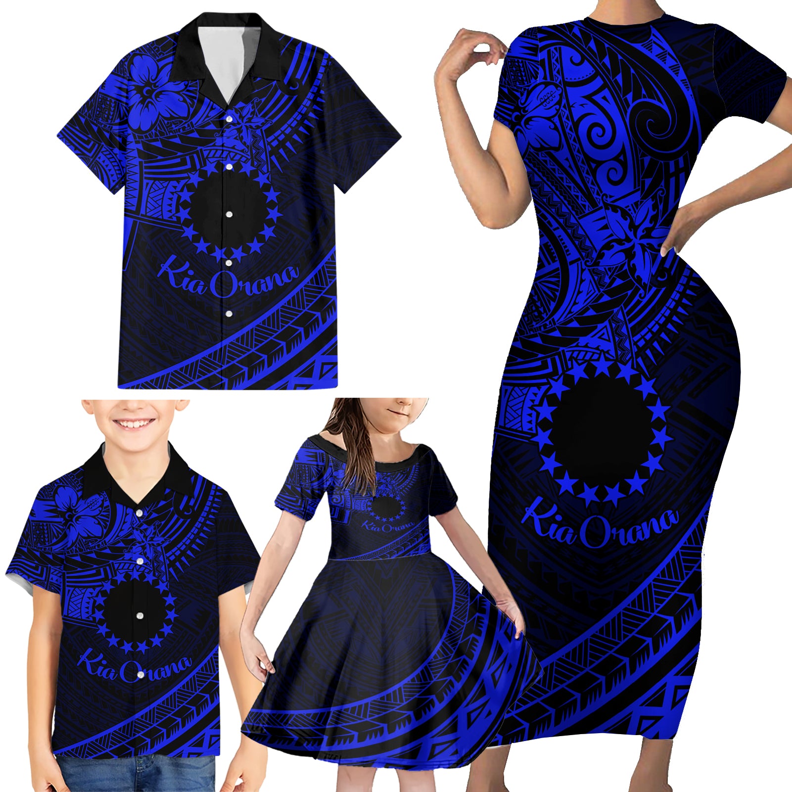 Kia Orana Cook Islands Family Matching Short Sleeve Bodycon Dress and Hawaiian Shirt Circle Stars With Floral Navy Blue Pattern LT01 - Polynesian Pride