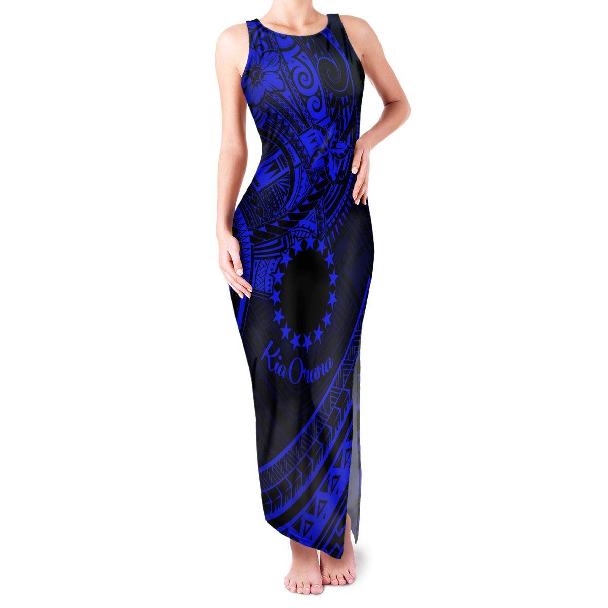 Kia Orana Cook Islands Family Matching Tank Maxi Dress and Hawaiian Shirt Circle Stars With Floral Navy Blue Pattern LT01 Mom's Dress Blue - Polynesian Pride