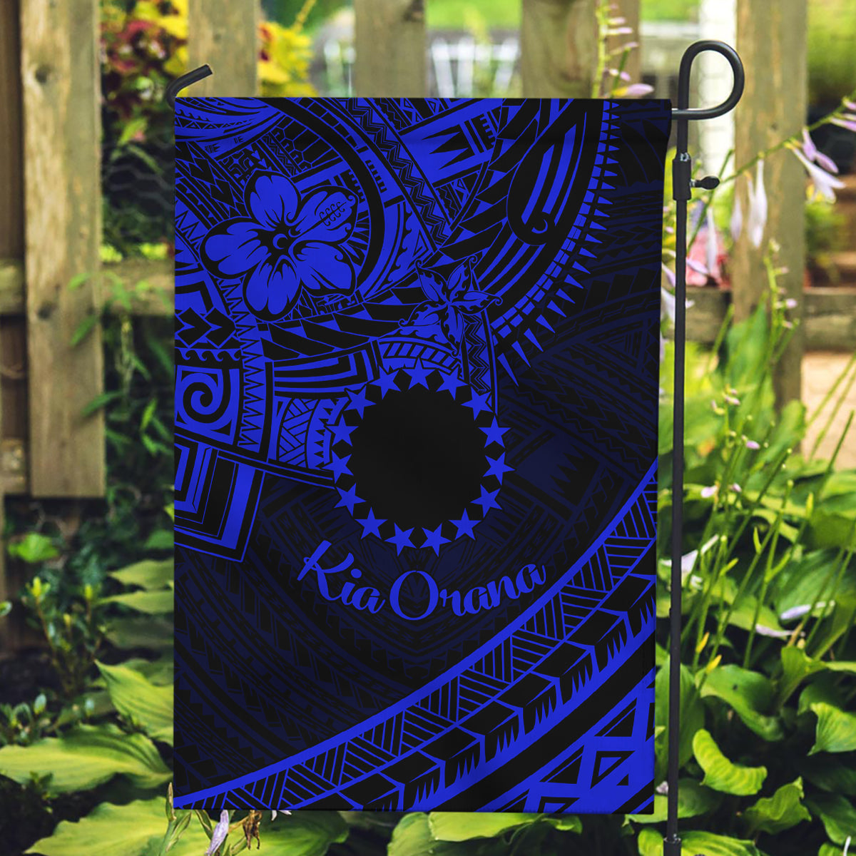 Kia Orana Cook Islands Garden Flag Circle Stars With Floral Navy Blue Pattern LT01 Garden Flag Blue - Polynesian Pride