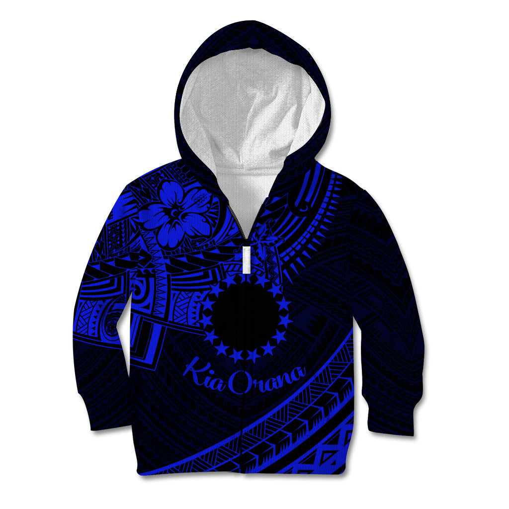 Kia Orana Cook Islands Kid Hoodie Circle Stars With Floral Navy Blue Pattern LT01 Zip Hoodie Blue - Polynesian Pride