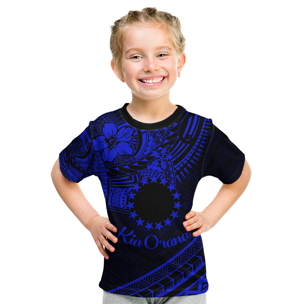 Kia Orana Cook Islands Kid T Shirt Circle Stars With Floral Navy Blue Pattern LT01 Blue - Polynesian Pride