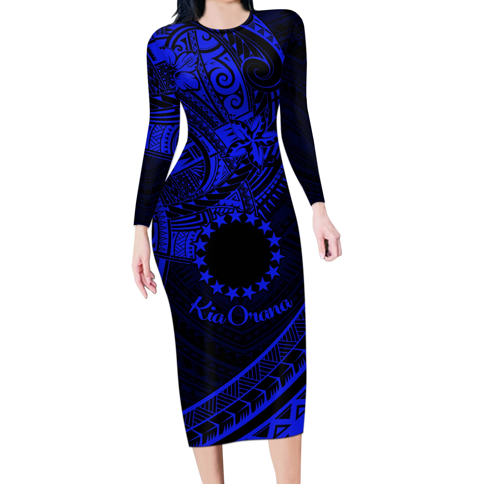 Kia Orana Cook Islands Long Sleeve Bodycon Dress Circle Stars With Floral Navy Blue Pattern LT01 Long Dress Blue - Polynesian Pride