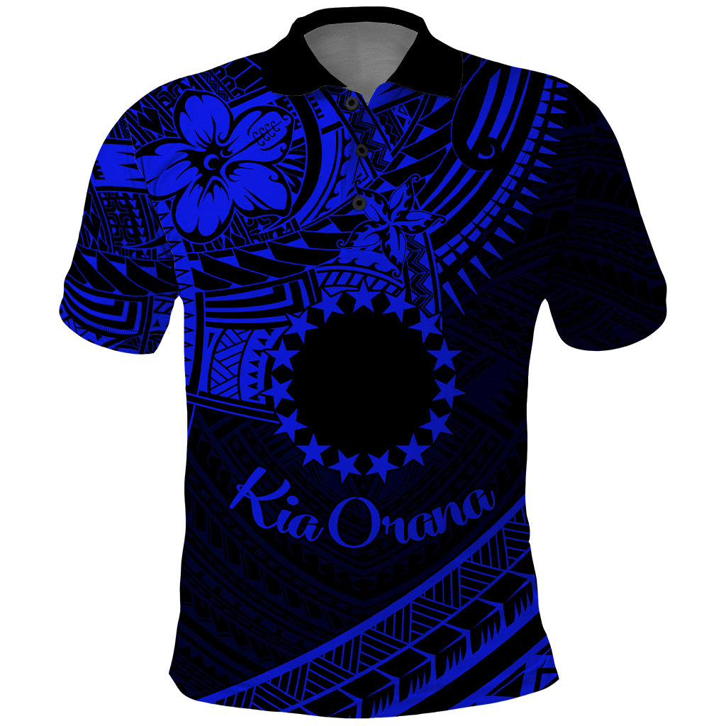 Kia Orana Cook Islands Polo Shirt Circle Stars With Floral Navy Blue Pattern LT01 Blue - Polynesian Pride