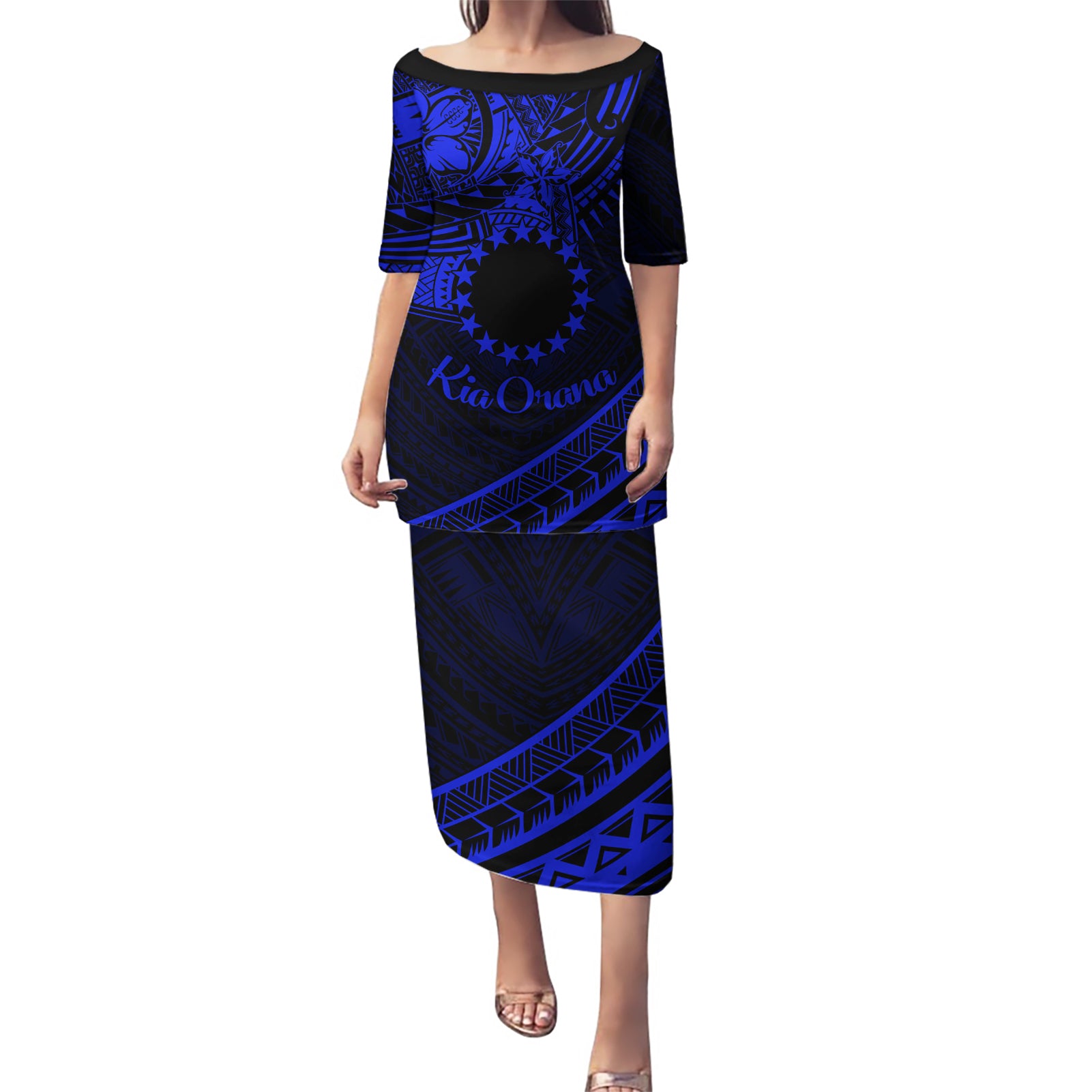 Kia Orana Cook Islands Puletasi Circle Stars With Floral Navy Blue Pattern LT01 Long Dress Blue - Polynesian Pride