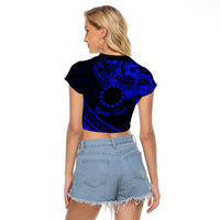 Kia Orana Cook Islands Raglan Cropped T Shirt Circle Stars With Floral Navy Blue Pattern LT01 - Polynesian Pride