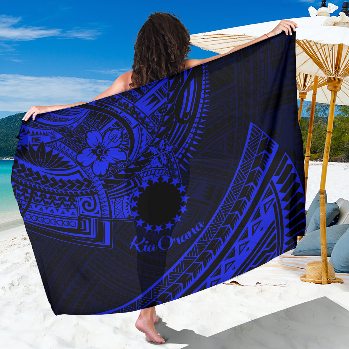 Kia Orana Cook Islands Sarong Circle Stars With Floral Navy Blue Pattern LT01 One Size 44 x 66 inches Blue - Polynesian Pride