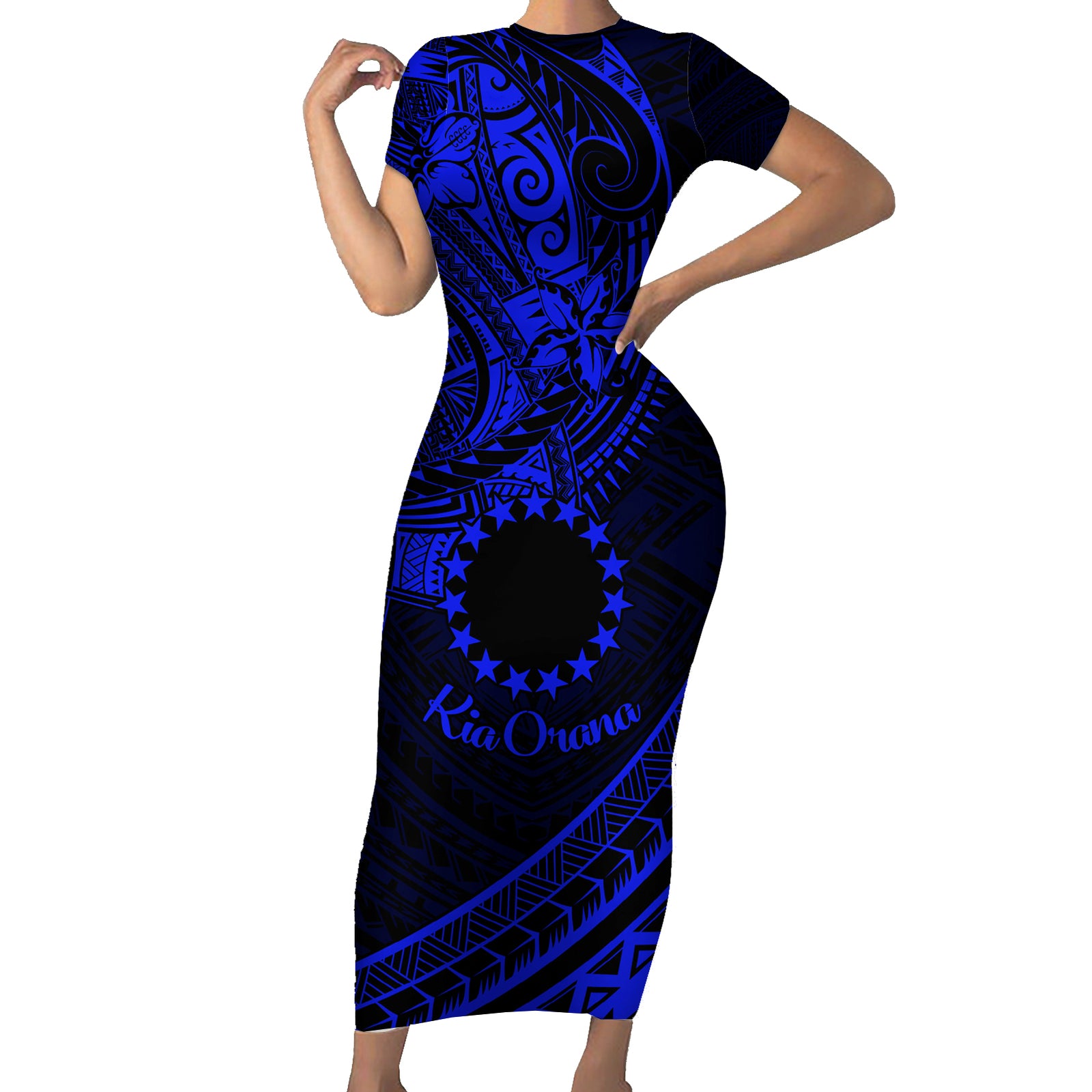 Kia Orana Cook Islands Short Sleeve Bodycon Dress Circle Stars With Floral Navy Blue Pattern LT01 Long Dress Blue - Polynesian Pride