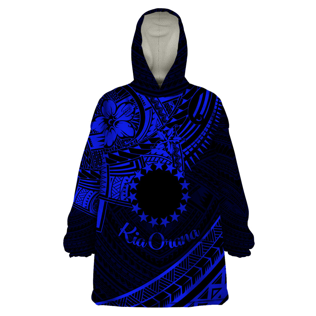 Kia Orana Cook Islands Wearable Blanket Hoodie Circle Stars With Floral Navy Blue Pattern LT01 One Size Blue - Polynesian Pride