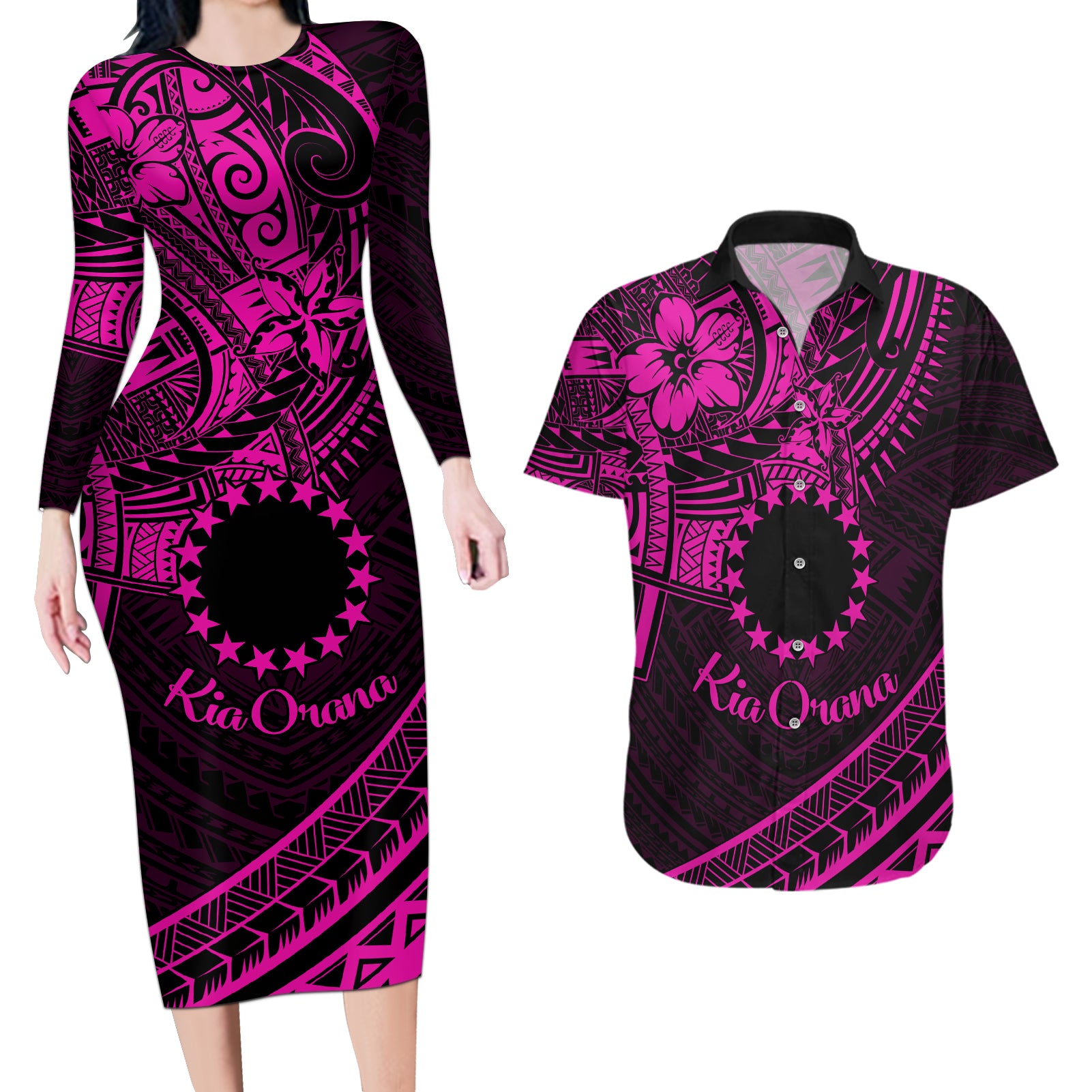 Kia Orana Cook Islands Couples Matching Long Sleeve Bodycon Dress and Hawaiian Shirt Circle Stars With Floral Pink Pattern LT01 Pink - Polynesian Pride