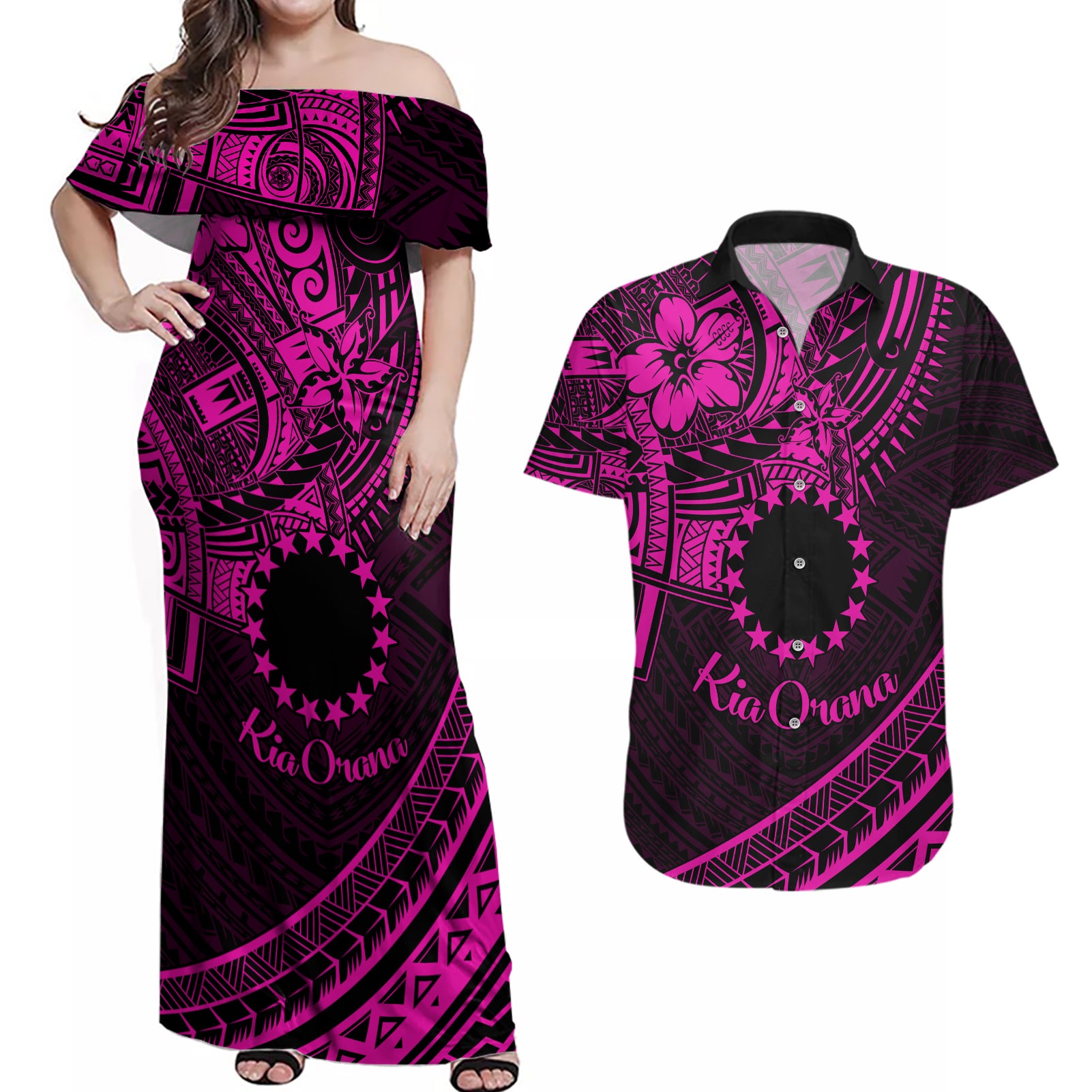 Kia Orana Cook Islands Couples Matching Off Shoulder Maxi Dress and Hawaiian Shirt Circle Stars With Floral Pink Pattern LT01 Pink - Polynesian Pride