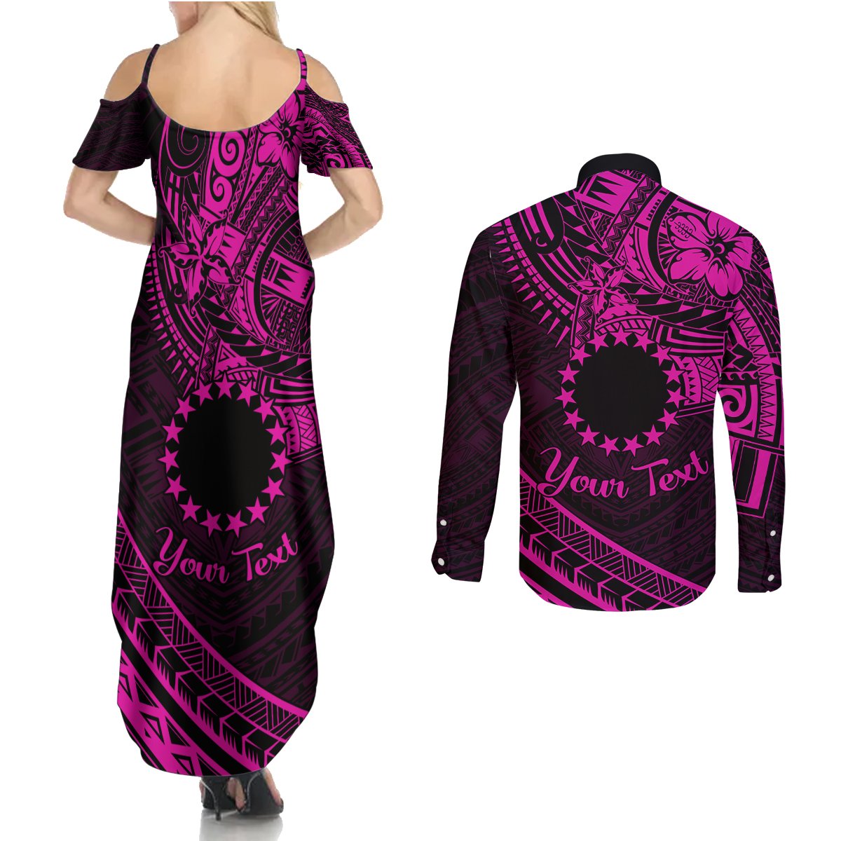 Kia Orana Cook Islands Couples Matching Summer Maxi Dress and Long Sleeve Button Shirt Circle Stars With Floral Pink Pattern LT01 - Polynesian Pride