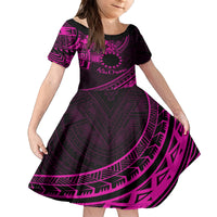Kia Orana Cook Islands Family Matching Long Sleeve Bodycon Dress and Hawaiian Shirt Circle Stars With Floral Pink Pattern LT01 Daughter's Dress Pink - Polynesian Pride
