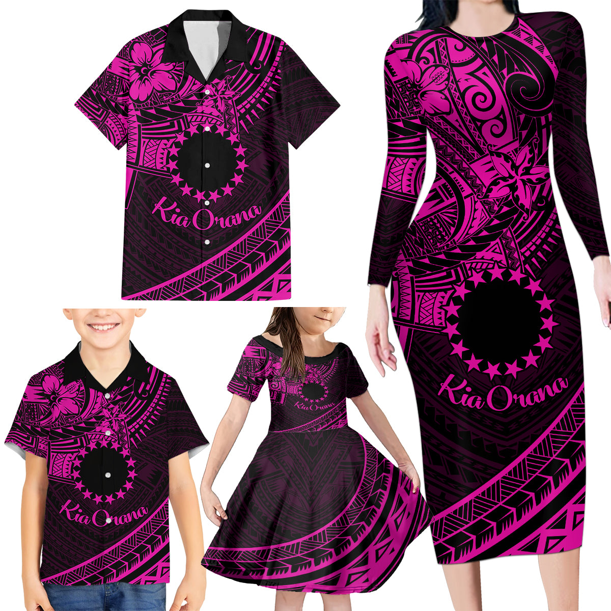 Kia Orana Cook Islands Family Matching Long Sleeve Bodycon Dress and Hawaiian Shirt Circle Stars With Floral Pink Pattern LT01 - Polynesian Pride