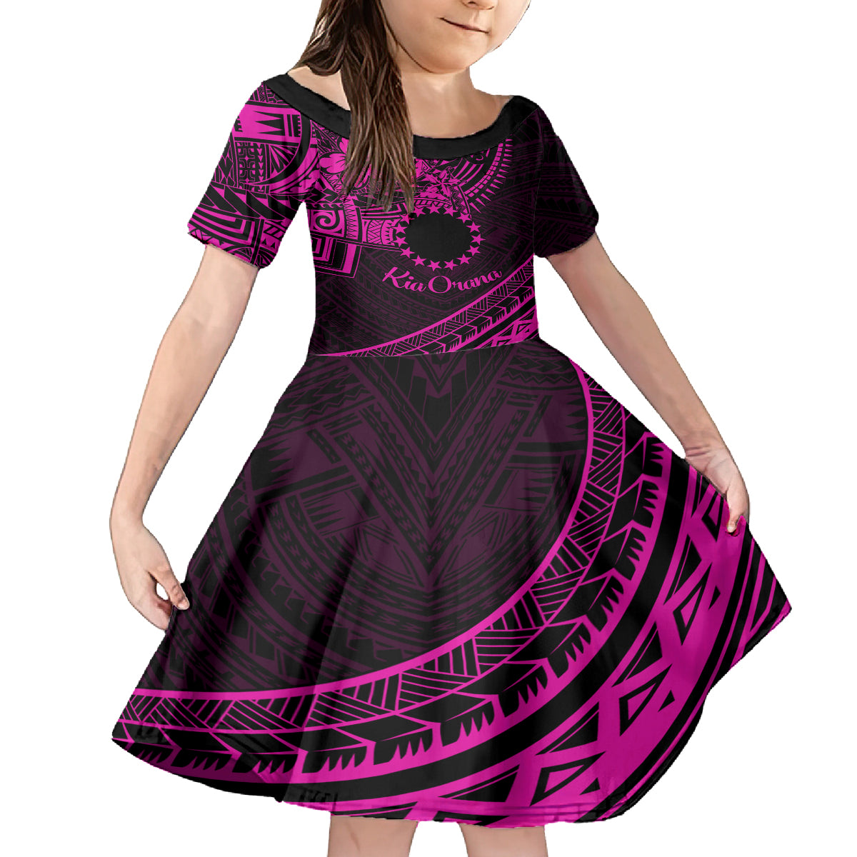 Kia Orana Cook Islands Family Matching Off Shoulder Maxi Dress and Hawaiian Shirt Circle Stars With Floral Pink Pattern LT01 Daughter's Dress Pink - Polynesian Pride
