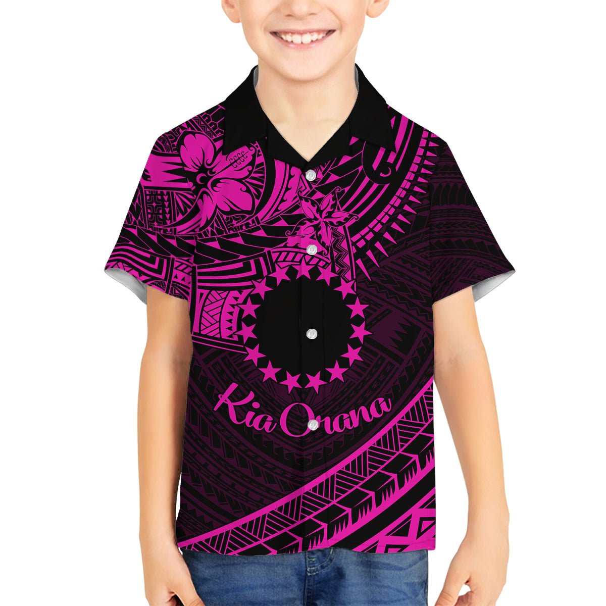 Kia Orana Cook Islands Family Matching Off Shoulder Short Dress and Hawaiian Shirt Circle Stars With Floral Pink Pattern LT01 Son's Shirt Pink - Polynesian Pride