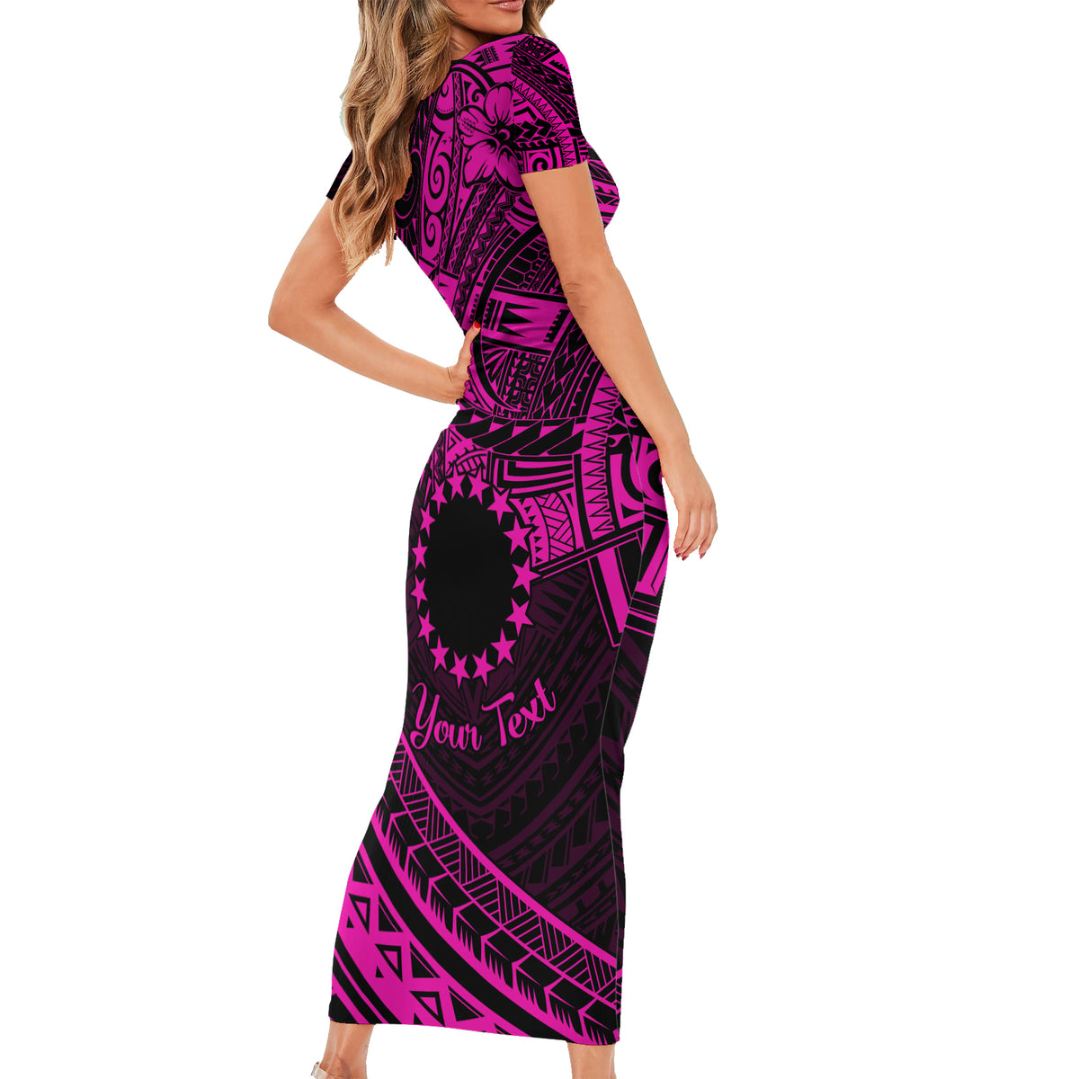 Kia Orana Cook Islands Family Matching Short Sleeve Bodycon Dress and Hawaiian Shirt Circle Stars With Floral Pink Pattern LT01 - Polynesian Pride