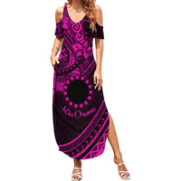 Kia Orana Cook Islands Family Matching Summer Maxi Dress and Hawaiian Shirt Circle Stars With Floral Pink Pattern LT01 Mom's Dress Pink - Polynesian Pride