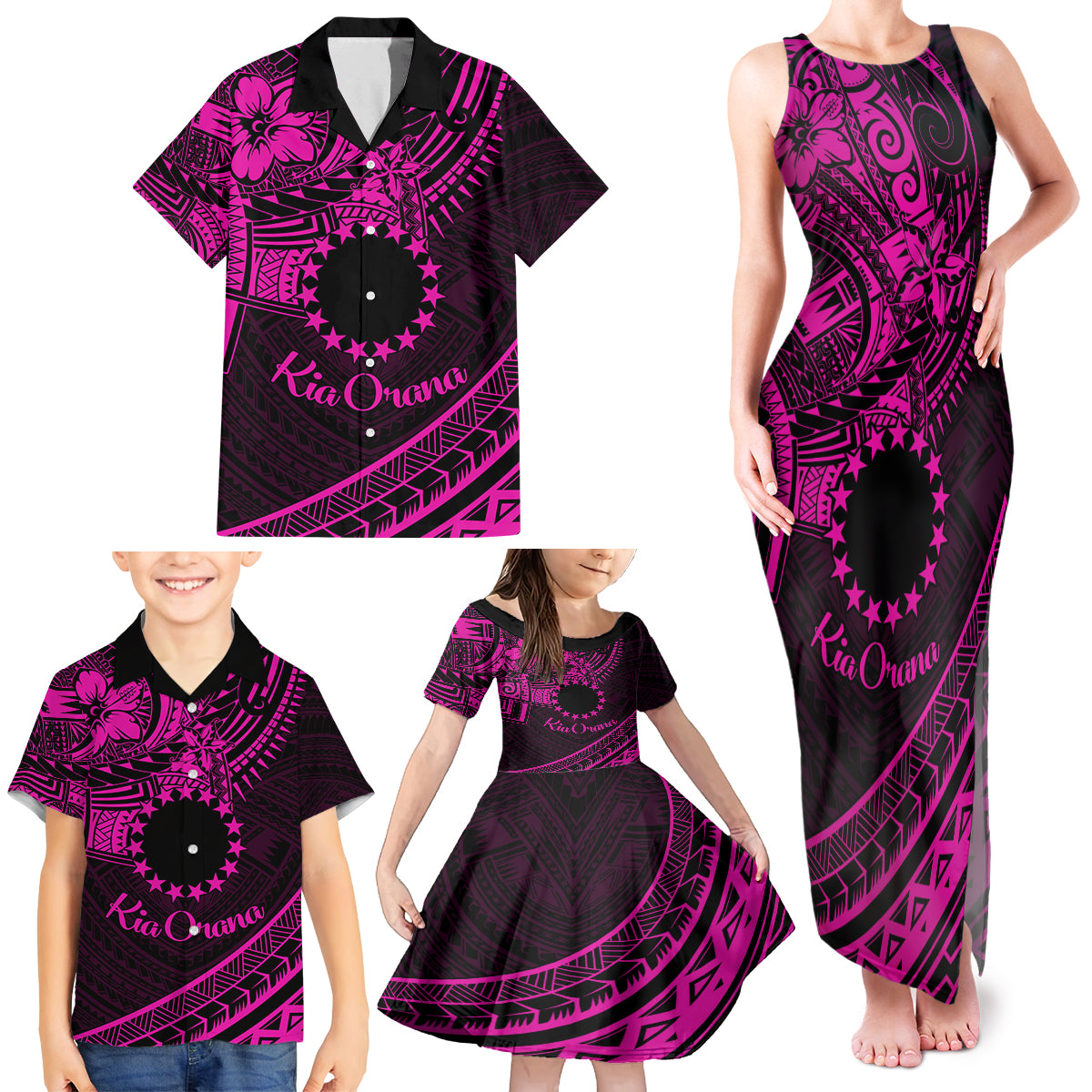 Kia Orana Cook Islands Family Matching Tank Maxi Dress and Hawaiian Shirt Circle Stars With Floral Pink Pattern LT01 - Polynesian Pride