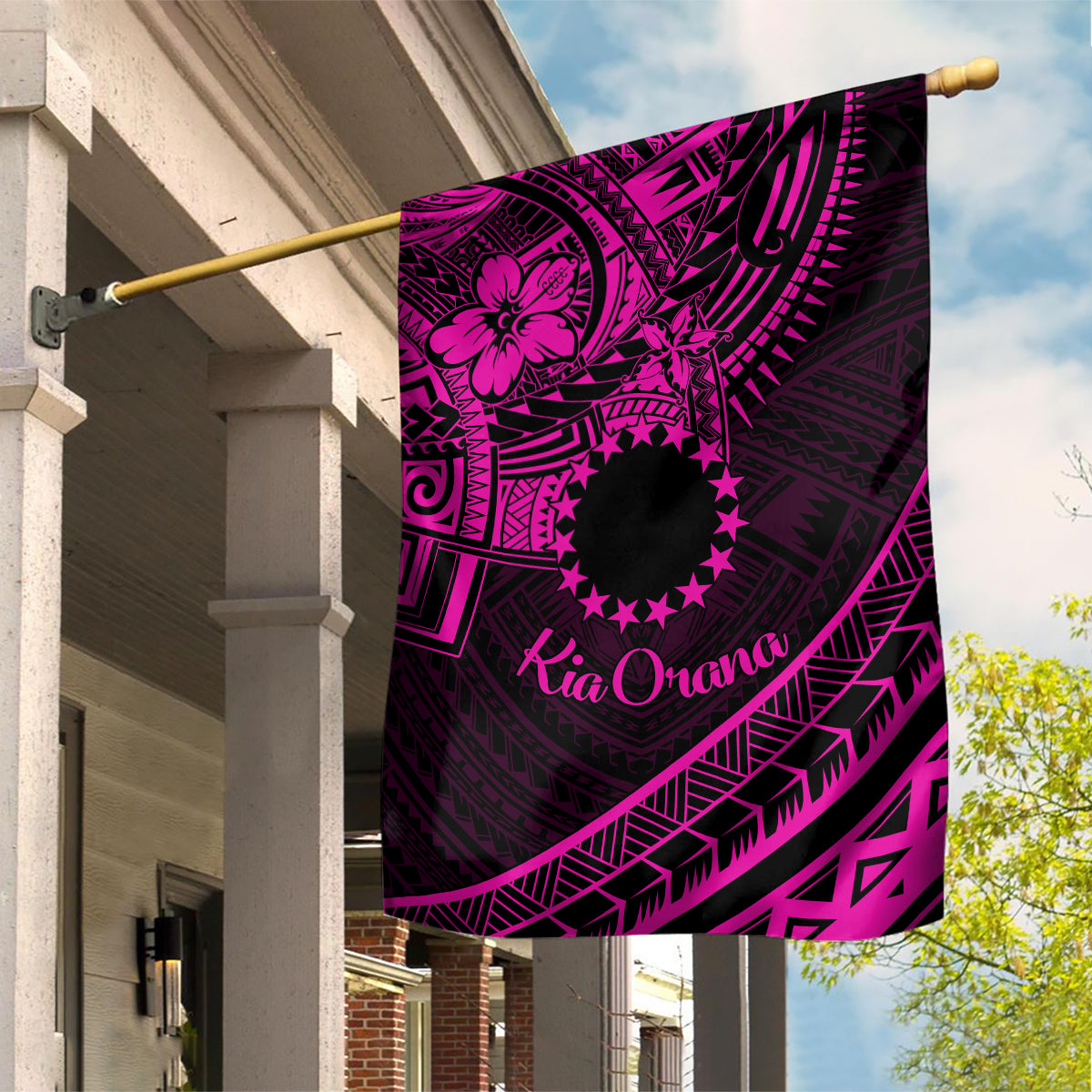 Kia Orana Cook Islands Garden Flag Circle Stars With Floral Pink Pattern LT01 House Flag Pink - Polynesian Pride