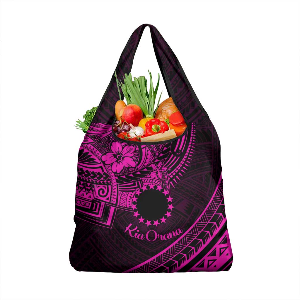 Kia Orana Cook Islands Grocery Bag Circle Stars With Floral Pink Pattern LT01 1-pack One Size Pink - Polynesian Pride