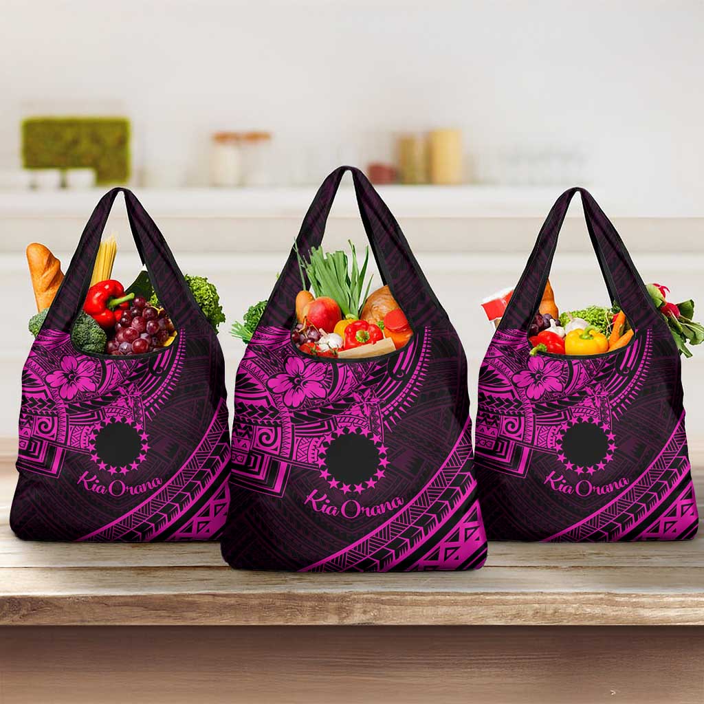 Kia Orana Cook Islands Grocery Bag Circle Stars With Floral Pink Pattern LT01 3-pack One Size Pink - Polynesian Pride