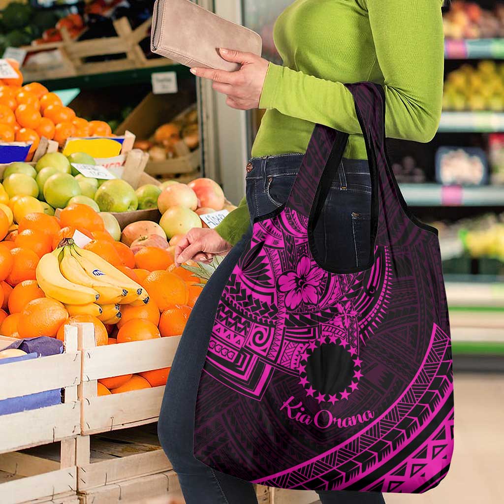 Kia Orana Cook Islands Grocery Bag Circle Stars With Floral Pink Pattern LT01 - Polynesian Pride