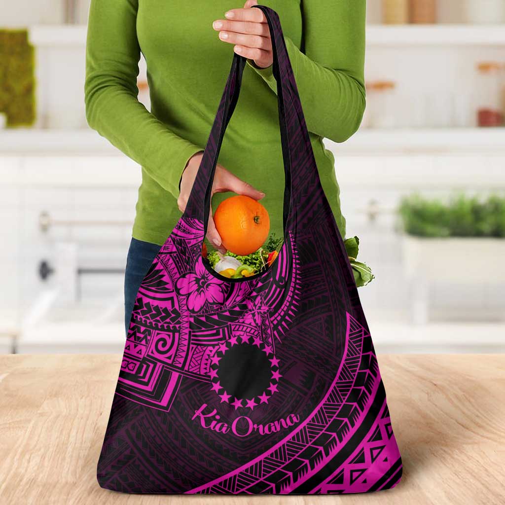Kia Orana Cook Islands Grocery Bag Circle Stars With Floral Pink Pattern LT01 - Polynesian Pride