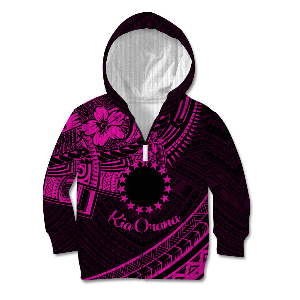Kia Orana Cook Islands Kid Hoodie Circle Stars With Floral Pink Pattern LT01 Zip Hoodie Pink - Polynesian Pride