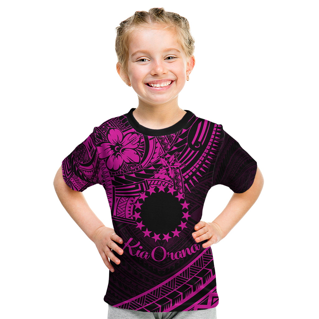 Kia Orana Cook Islands Kid T Shirt Circle Stars With Floral Pink Pattern LT01 Pink - Polynesian Pride