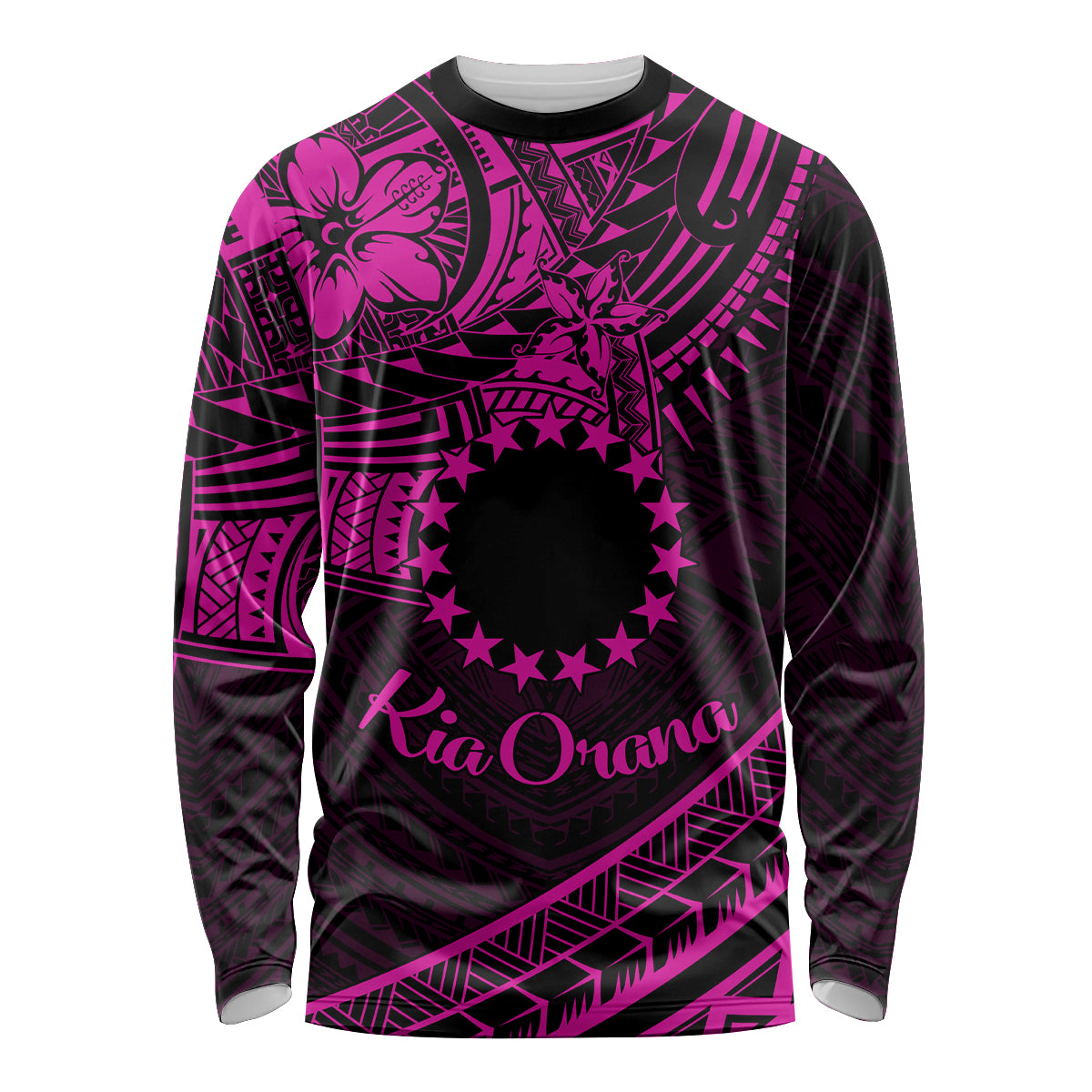 Kia Orana Cook Islands Long Sleeve Shirt Circle Stars With Floral Pink Pattern LT01 Unisex Pink - Polynesian Pride