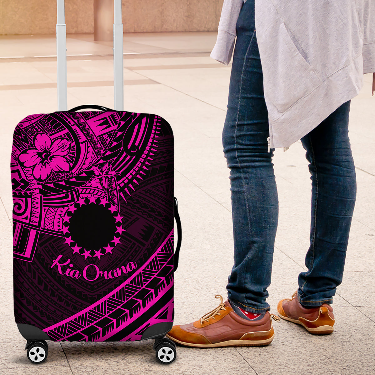 Kia Orana Cook Islands Luggage Cover Circle Stars With Floral Pink Pattern LT01 Pink - Polynesian Pride