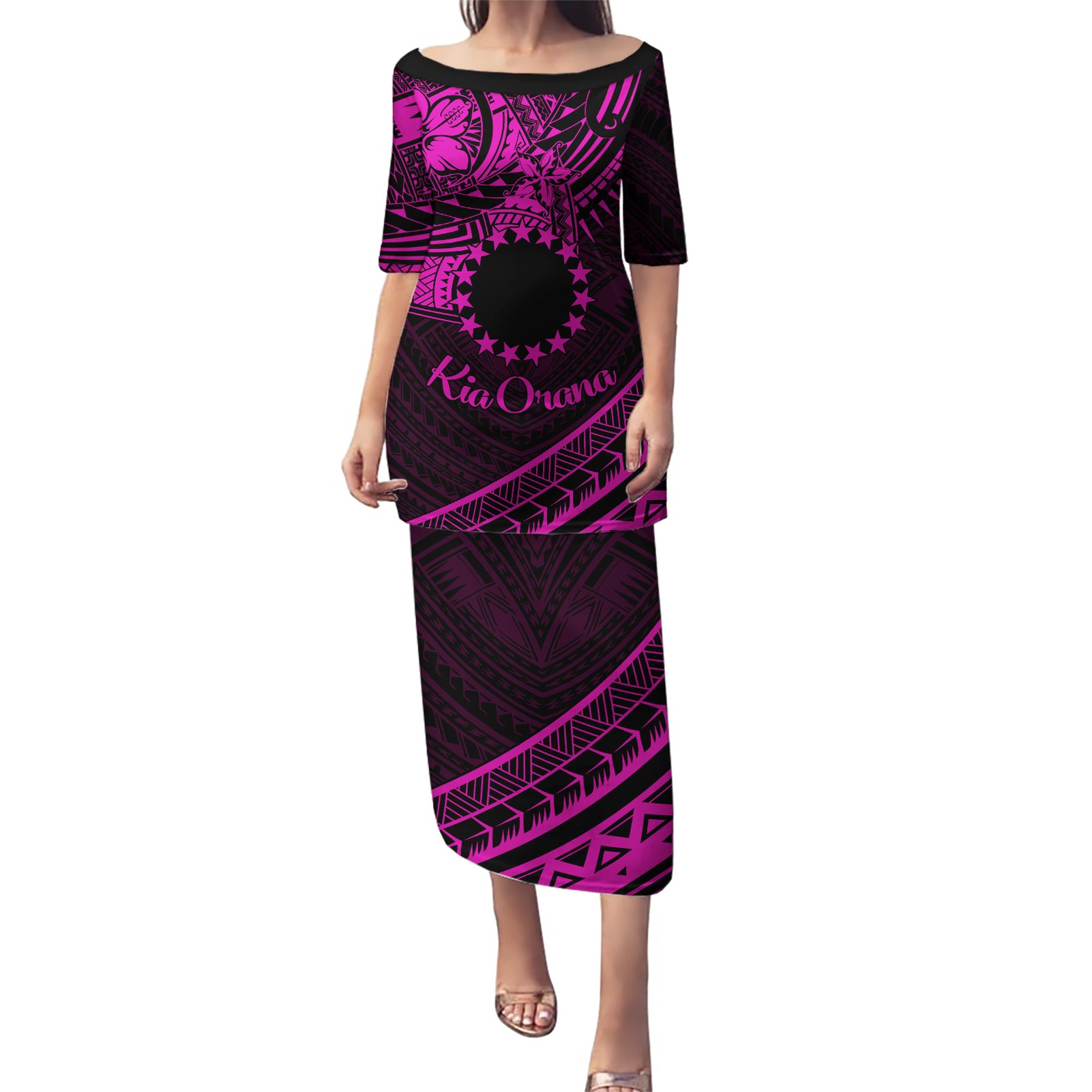 Kia Orana Cook Islands Puletasi Circle Stars With Floral Pink Pattern LT01 Long Dress Pink - Polynesian Pride