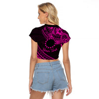 Kia Orana Cook Islands Raglan Cropped T Shirt Circle Stars With Floral Pink Pattern LT01 - Polynesian Pride