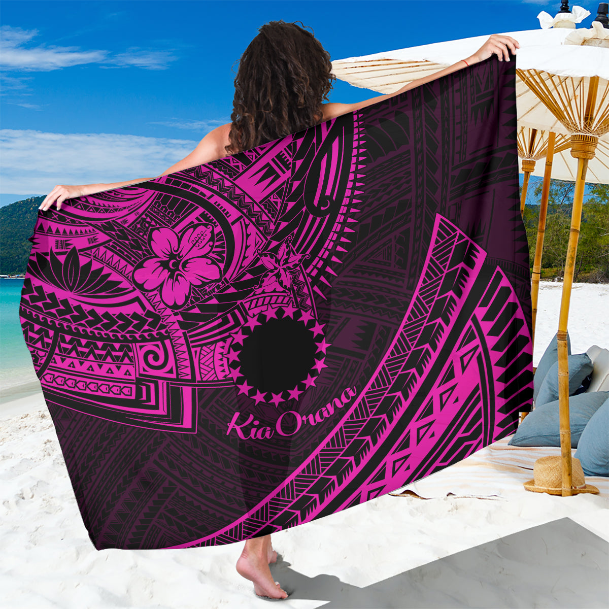 Kia Orana Cook Islands Sarong Circle Stars With Floral Pink Pattern LT01 One Size 44 x 66 inches Pink - Polynesian Pride