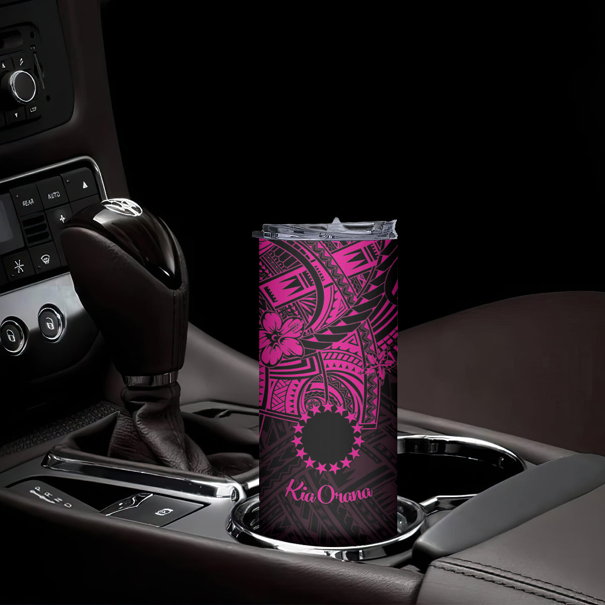 Kia Orana Cook Islands Skinny Tumbler Circle Stars With Floral Pink Pattern