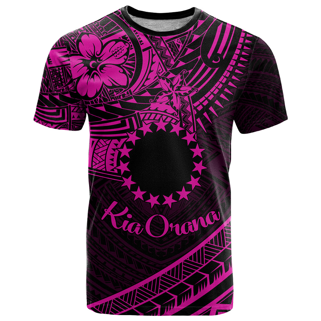 Kia Orana Cook Islands T Shirt Circle Stars With Floral Pink Pattern LT01 Pink - Polynesian Pride